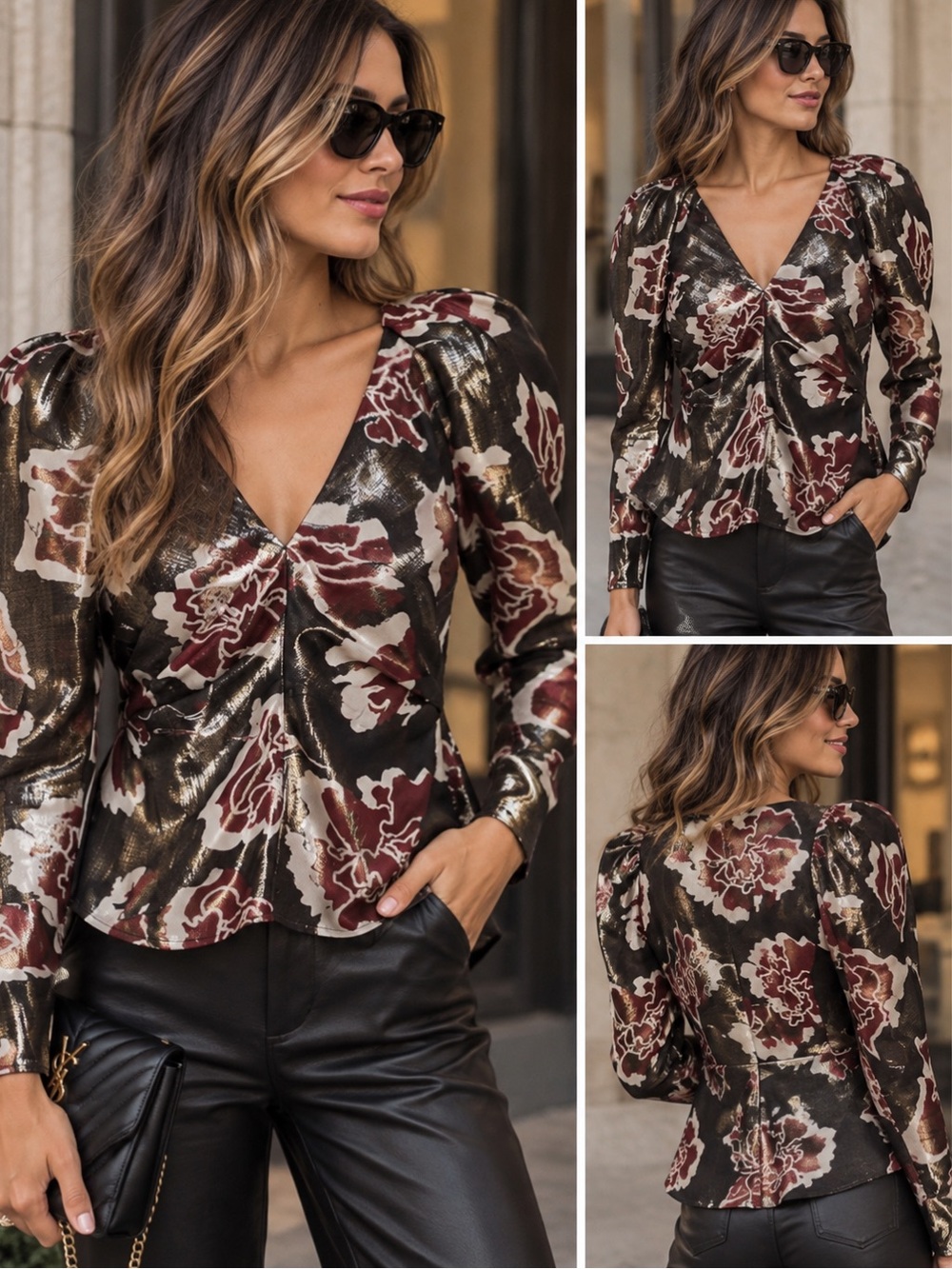 Tanya Taylor Cameron Shimmer Floral Blouse Black Burgundy Metallic size 10